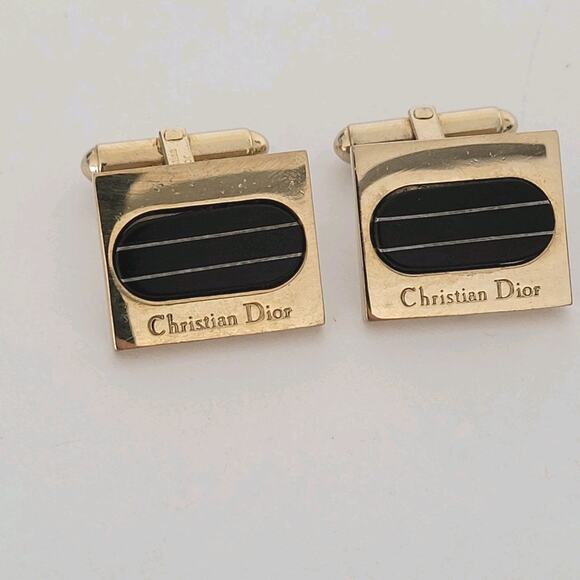 Christian Dior Gold Black Tone Logo Cufflinks Vintage Germany Rectangle Designer - Picture 1 of 6